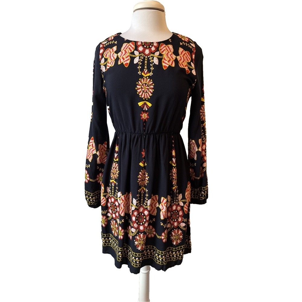 Boho Dark Floral Long Sleeve Fit‎ & Flare Dress Women's M Whimsigoth Romantic